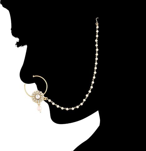 I Jewels خاتم أنف زفاف هندي مطلي بالذهب عيار 18 قيراط من بوليوود العرقي / ناث بدون ثقب مع سلسلة لؤلؤ مغطاة بحجر اللؤلؤ للنساء/الفتيات (NL38) in Saudi Arabia
