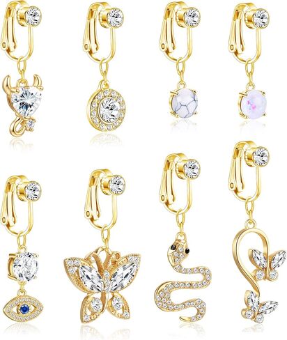 FIBO STEEL 8Pcs Fake Belly Rings Clip on Belly Button Rings Surgical Steel Opal CZ Non Piercing Dangle Navel Rings Fake Belly Piercing Jewelry in Saudi Arabia