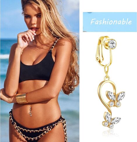 FIBO STEEL 8Pcs Fake Belly Rings Clip on Belly Button Rings Surgical Steel Opal CZ Non Piercing Dangle Navel Rings Fake Belly Piercing Jewelry in Saudi Arabia