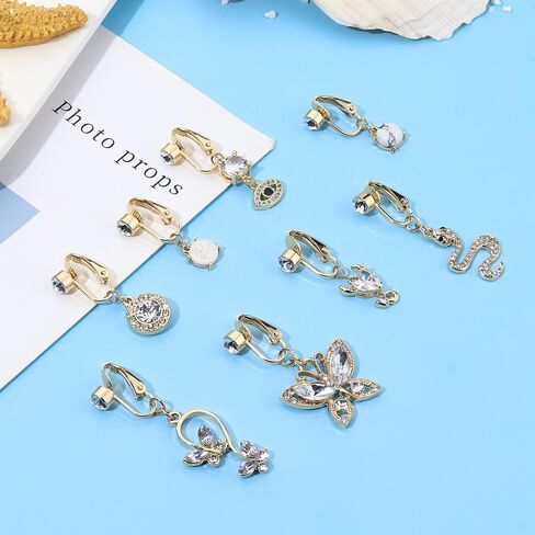 FIBO STEEL 8Pcs Fake Belly Rings Clip on Belly Button Rings Surgical Steel Opal CZ Non Piercing Dangle Navel Rings Fake Belly Piercing Jewelry in Saudi Arabia
