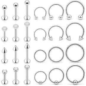 Ovxznts 24Pcs Assorted Size 16G Lip Rings for Women Men Surgical Steel Medusa Piercing Jewelry Labret Studs CZ Diamond Opal Daith Tragus Forward Helix Earrings Septum Rings