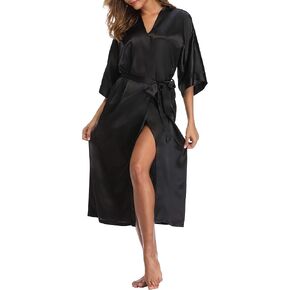 Womens Pure Color Long Satin Bathrobe Kimono Nightgown Long Dress Gown in Kuwait
