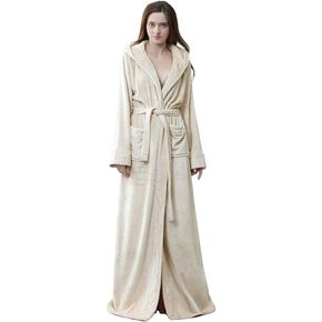 Hellomamma Long Hooded Robe for Women Luxurious Flannel Fleece Full Length Bathrobe Winter Warm Pajamas Shower Nightgown in Kuwait