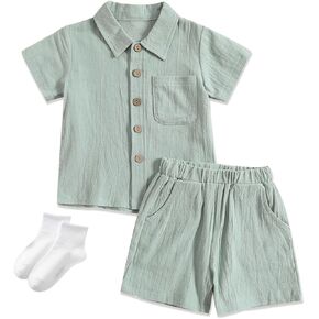 Goengmo Toddler Boy Cotton Linen Shorts Set 2 Piece Outfits Summer Short Sleeve Button Down T-Shirt Tops Shorts in Kuwait
