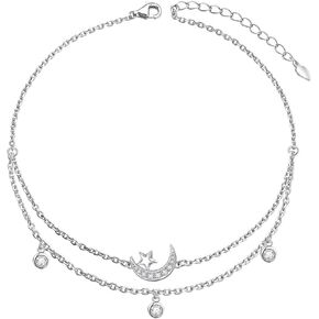 Star Moon Layered Anklet 925 Sterling Silver Sunflower Airplane Mermaid Tail Anklets for Women Girls Adjustable Beads Crescent Ankle Bracelet Boho Beach Foot Chain Charm Jewelry in Kuwait