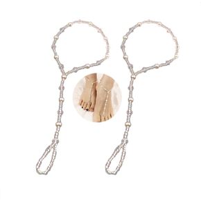Kenjudess Bohemian Beaded Barefoot Sandals 2pcs Vintage Pearl Anklet with Toe Ring Summer Beach Wedding Foot Chain Slave Anklet Accessories for Women and Girls