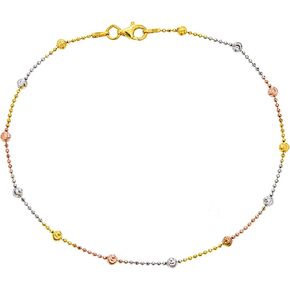 Sterling Silver Tri-Color Moon-Cut Round Station Bead Italian Foot Chain Anklet 10" in Kuwait