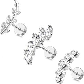 FIBO STEEL 3 Pcs 16G Stainless Steel Cartilage CZ Stud Earrings for Women Girls Helix Conch Daith Piercing Jewelry Set