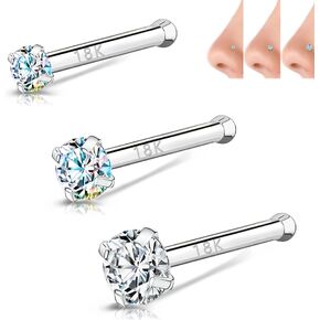 BodyAce 18K White Gold Nose Rings for Women Men, 20g Real Solid 18k Nose Rings Studs, Simulated Diamond Nose Piercing Jewelry 1.5mm 2mm 3mm in Saudi Arabia