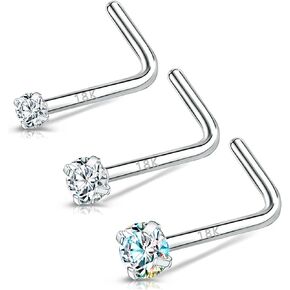 BodyAce 18K White Gold Nose Rings for Women Men, 20g Real Solid 18k Nose Rings Studs, Simulated Diamond Nose Piercing Jewelry 1.5mm 2mm 3mm in Kuwait
