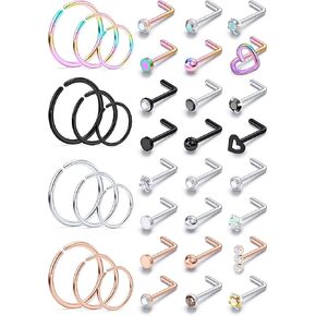 Gadeaila 20g 18g Nose Rings Studs for Women Men Surgical Stainless Steel Nose Rings Hoop L Shape Nose Screw Diamond Heart Hypoallergenic Nostril Nose Piercing Jewelry Silver Rose Gold Black Rainbow