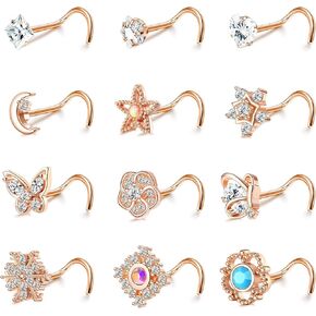Ubjuliwa 12Pcs 20G Stainless Steel Nose Rings Stud for Women Screw L Shaped Nose Studs Cubic Zirconia Moon Star Snowflake Flower Butterfly Nose Piercing Stud