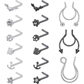 ZS 20G Corkscrew Nose Rings Surgical Steel L-Shaped Nose Studs Bat Skull Nose Bone Stud Nose Piercing Jewelry for Women
