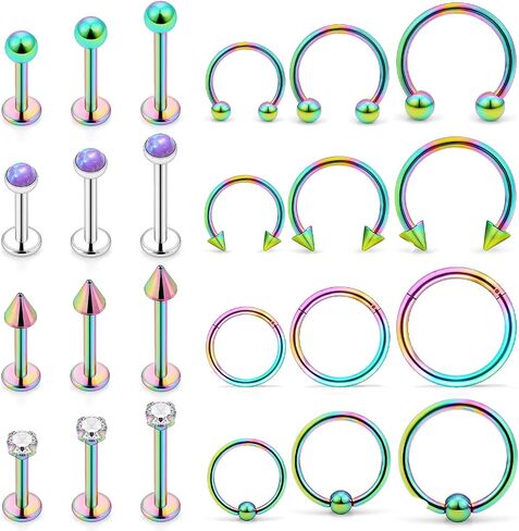 Ovxznts 24Pcs Assorted Size 16G Lip Rings for Women Men Surgical Steel Medusa Piercing Jewelry Labret Studs CZ Diamond Opal Daith Tragus Forward Helix Earrings Septum Rings in Kuwait