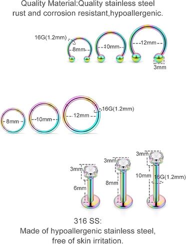 Ovxznts 24Pcs Assorted Size 16G Lip Rings for Women Men Surgical Steel Medusa Piercing Jewelry Labret Studs CZ Diamond Opal Daith Tragus Forward Helix Earrings Septum Rings in Kuwait