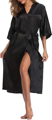 Womens Pure Color Long Satin Bathrobe Kimono Nightgown Long Dress Gown in Kuwait