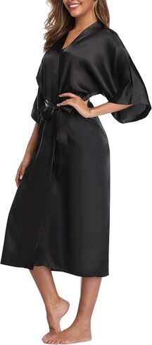 Womens Pure Color Long Satin Bathrobe Kimono Nightgown Long Dress Gown in Kuwait