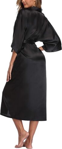 Womens Pure Color Long Satin Bathrobe Kimono Nightgown Long Dress Gown in Kuwait