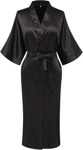 Womens Pure Color Long Satin Bathrobe Kimono Nightgown Long Dress Gown in Kuwait