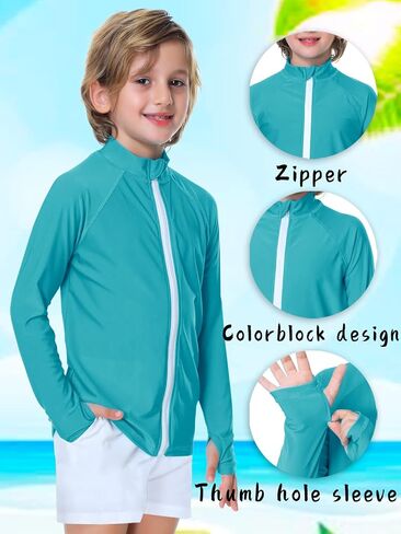 AOBUTE Unisex Kids Zipper Rash Guard Boys UPF 50+ UV Protection Sun Shirt with Thumb Hole 3-12 Years in Kuwait
