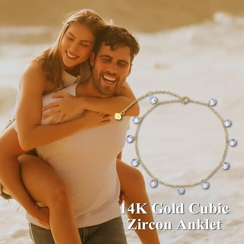 SISGEM 14K Solid Yellow Gold Cubic Zirconia Dangle Anklet for Women Girls,Real Gold Station Anklet Bracelet Beach Anklet Foot Bracelet Fine Jewelry Birthday Gifts for Her 8''-10'' in Saudi Arabia