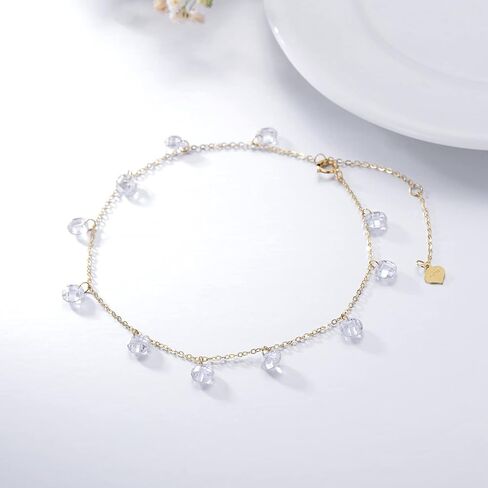 SISGEM 14K Solid Yellow Gold Cubic Zirconia Dangle Anklet for Women Girls,Real Gold Station Anklet Bracelet Beach Anklet Foot Bracelet Fine Jewelry Birthday Gifts for Her 8''-10'' in Saudi Arabia