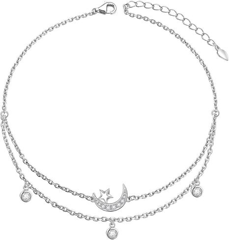 Star Moon Layered Anklet 925 Sterling Silver Sunflower Airplane Mermaid Tail Anklets for Women Girls Adjustable Beads Crescent Ankle Bracelet Boho Beach Foot Chain Charm Jewelry in Kuwait