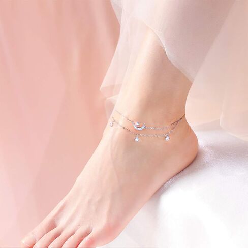 Star Moon Layered Anklet 925 Sterling Silver Sunflower Airplane Mermaid Tail Anklets for Women Girls Adjustable Beads Crescent Ankle Bracelet Boho Beach Foot Chain Charm Jewelry in Kuwait