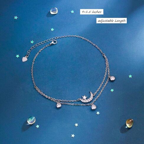 Star Moon Layered Anklet 925 Sterling Silver Sunflower Airplane Mermaid Tail Anklets for Women Girls Adjustable Beads Crescent Ankle Bracelet Boho Beach Foot Chain Charm Jewelry in Kuwait