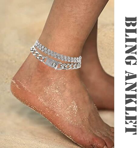 Impurain Bling Tennis Anklet Bracelet for Women Layered Link Chain Anklet Beach Shiny Rhinestone Ankle Jewelry… in Kuwait