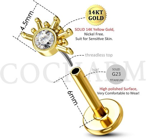 COCHARM 14K Solid Gold Cartilage Earring Stud 16g Yellow Gold Flat Back Helix Stud 14K Gold Push in Tragus Earring Stud Threadless Labret Stud Labret Rings in Kuwait