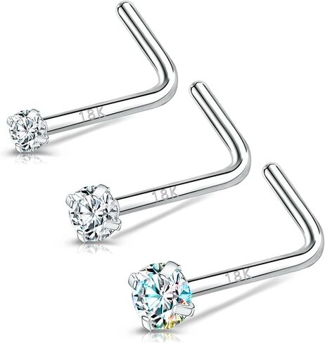 BodyAce 18K White Gold Nose Rings for Women Men, 20g Real Solid 18k Nose Rings Studs, Simulated Diamond Nose Piercing Jewelry 1.5mm 2mm 3mm in Kuwait