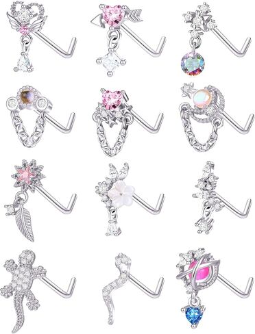 Tornito 12Pcs Nose Ring Nose Stud L Shaped Snake Butterfly CZ Flower Moon Dangle Nose Rings Stud for Women Men Silver Gold Tone 20G in Kuwait