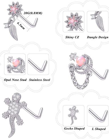 Tornito 12Pcs Nose Ring Nose Stud L Shaped Snake Butterfly CZ Flower Moon Dangle Nose Rings Stud for Women Men Silver Gold Tone 20G in Kuwait