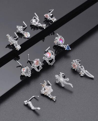 Tornito 12Pcs Nose Ring Nose Stud L Shaped Snake Butterfly CZ Flower Moon Dangle Nose Rings Stud for Women Men Silver Gold Tone 20G in Kuwait