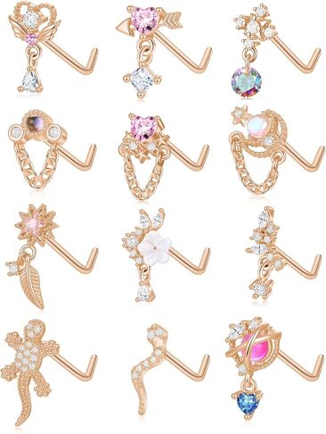 Tornito 12Pcs Nose Ring Nose Stud L Shaped Snake Butterfly CZ Flower Moon Dangle Nose Rings Stud for Women Men Silver Gold Tone 20G in Kuwait