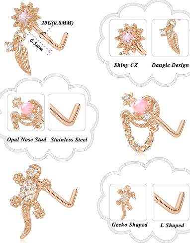 Tornito 12Pcs Nose Ring Nose Stud L Shaped Snake Butterfly CZ Flower Moon Dangle Nose Rings Stud for Women Men Silver Gold Tone 20G in Kuwait