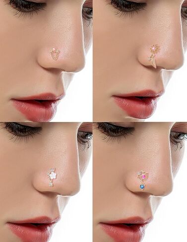 Tornito 12Pcs Nose Ring Nose Stud L Shaped Snake Butterfly CZ Flower Moon Dangle Nose Rings Stud for Women Men Silver Gold Tone 20G in Kuwait