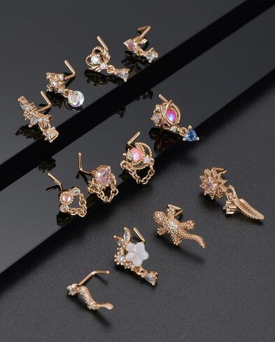 Tornito 12Pcs Nose Ring Nose Stud L Shaped Snake Butterfly CZ Flower Moon Dangle Nose Rings Stud for Women Men Silver Gold Tone 20G in Kuwait
