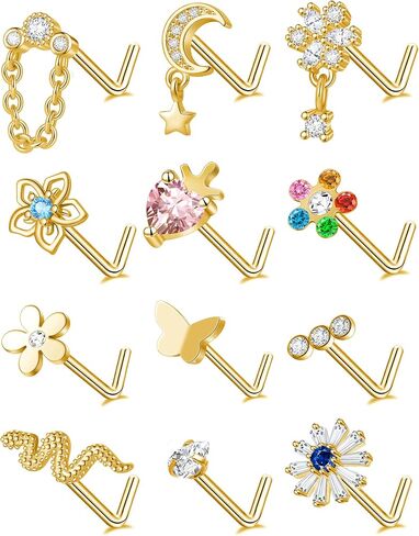 Tornito 12Pcs Nose Ring Nose Stud L Shaped Snake Butterfly CZ Flower Moon Dangle Nose Rings Stud for Women Men Silver Gold Tone 20G in Kuwait