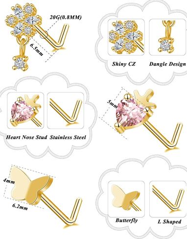Tornito 12Pcs Nose Ring Nose Stud L Shaped Snake Butterfly CZ Flower Moon Dangle Nose Rings Stud for Women Men Silver Gold Tone 20G in Kuwait