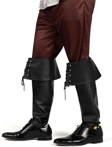Spooktacular Creations Black Pirate Boot Covers, Medieval and Renaissance Faux Leather Boot Cover with Cuffs, Over The Shoe Knee Boot Cover for Men, Boys, Halloween Costume Accessory in Saudi Arabia