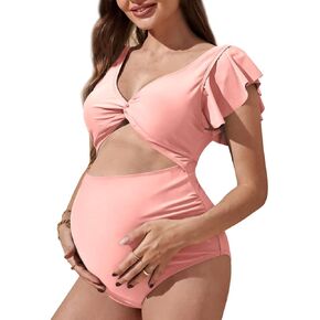 Harssidanzar Women Maternity for Summer,One-Piece Swimsuit Hight Waist Bathing Suit Puffle Trim Twist Front Cut Out KL301US
