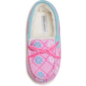 Laura Ashley Fleece Girls Moccasin Slippers, Indoor Outdoor Easy to Wear Home Shoes for Kids