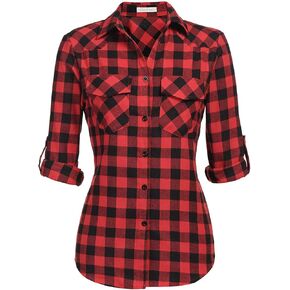 Genhoo Womens Flannel Shirts Roll Up Long Sleeve Plaid Shirt Collared Button Down Gingham Casual Top S-4XL