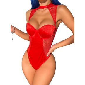 WDIRARA Women's Mesh Cut Out Teddy One Piece Underwire Choker Lingerie Bodysuit in Saudi Arabia