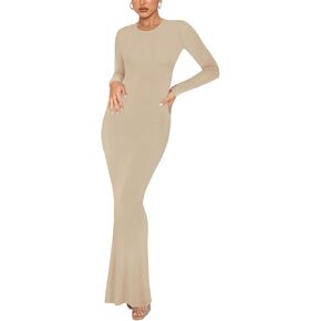 REORIA Women's Sexy Crew Neck Lounge Long Dress Elegant Long Sleeve Ribbed Bodycon Maxi Dresses