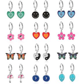 aganippe 12-16 زوجًا من الأقراط المتدلية المضادة للحساسية للفتيات Y2K أقراط للنساء متعددة الأقراط اللطيفة ذات الوجه المبتسم الثعلب الضفدع القلب زهرة الفراشة للأطفال in Kuwait