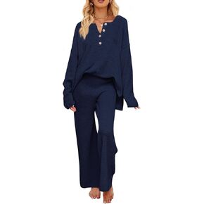MEROKEETY Women's 2 Piece Outfit Sets Long Sleeve Button Knit Pullover Sweater and Pants Lounge Sets