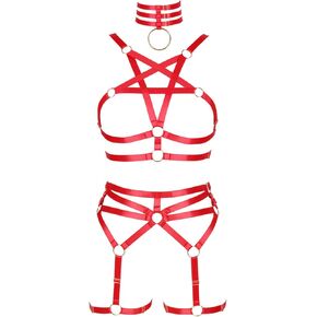 Women's Body Harness Pentagram Bra Set Punk Garter Leg Waist Dance Elastic Gothic Carnival Accessories